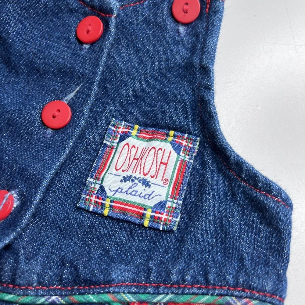 Vintage OshKosh B'gosh Overalls Girls 3-6 Months Blue Denim Plaid Vestbak Romper